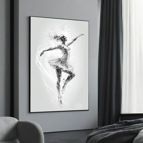 Abstract Ballerina Black White Line Sketch Modern Dance Art Poster