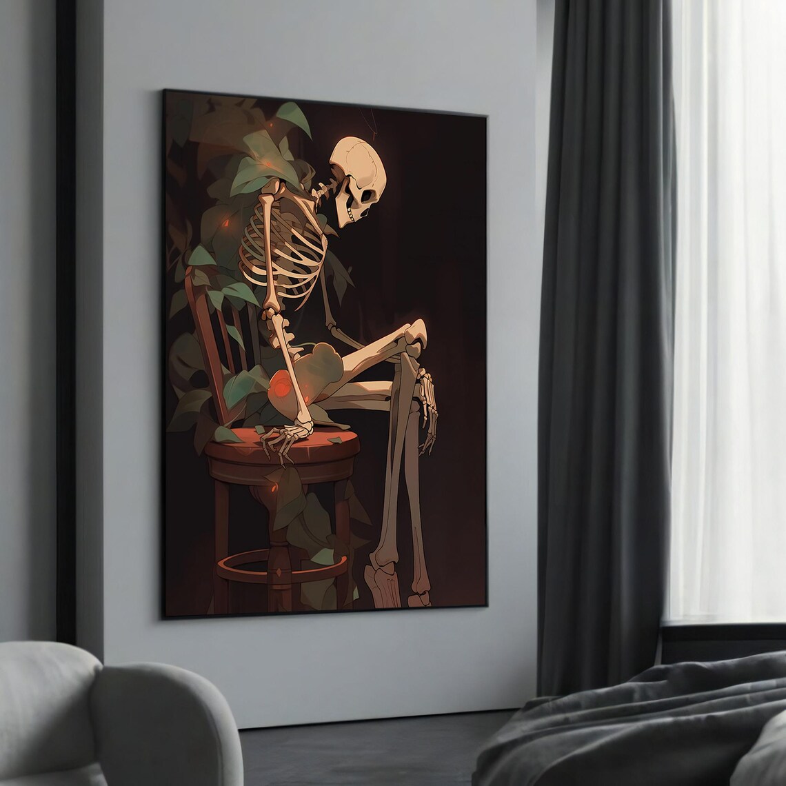 Melancholic Skeleton Sitting Among Leaves Dark Contemplation Poster