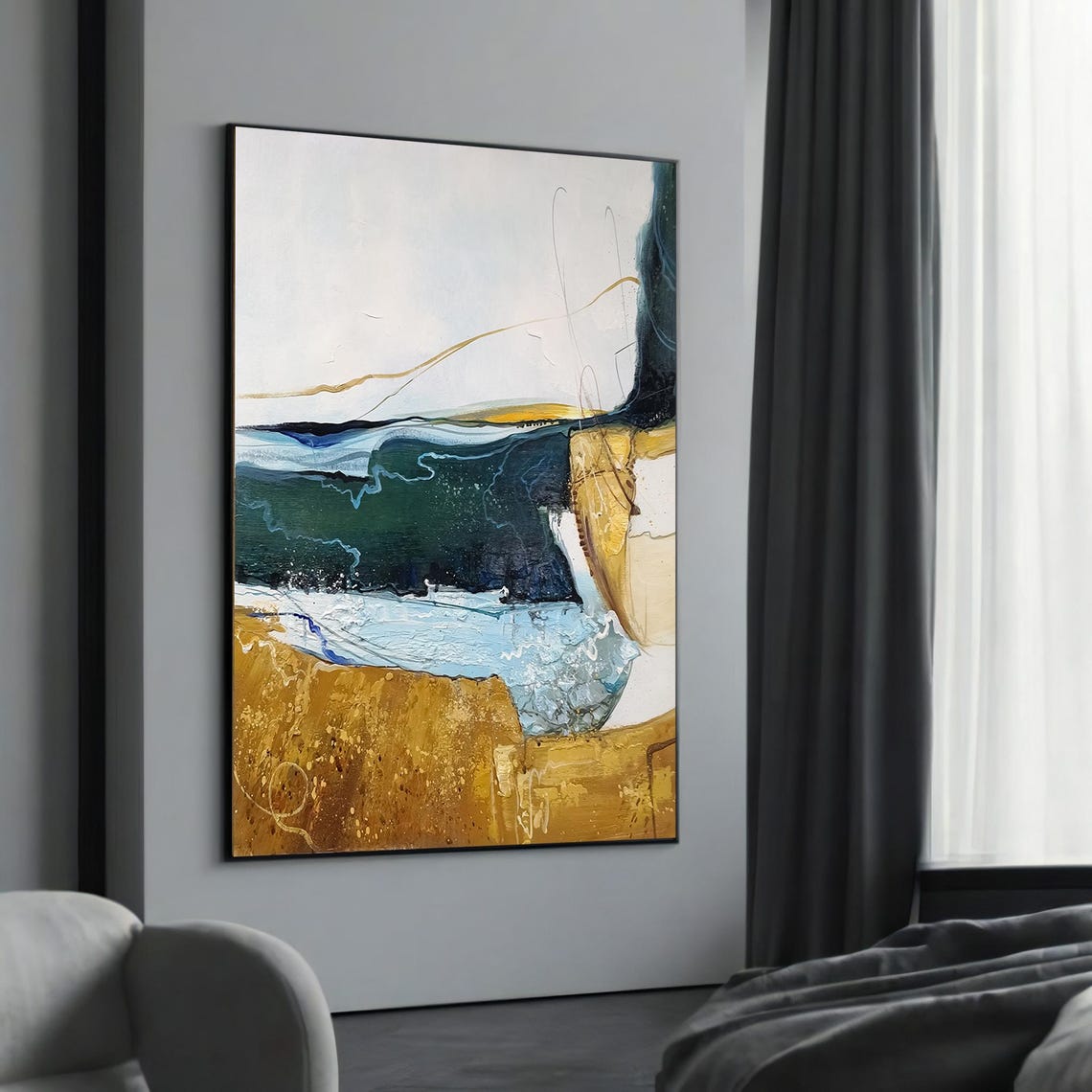 Abstract Coastal Seascape Teal Gold Modern Ocean Waves Poster