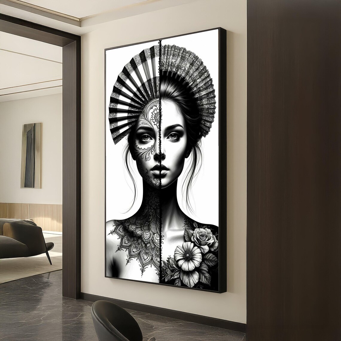 Dual Face Split Portrait Black White Female Tattoo Art Poster