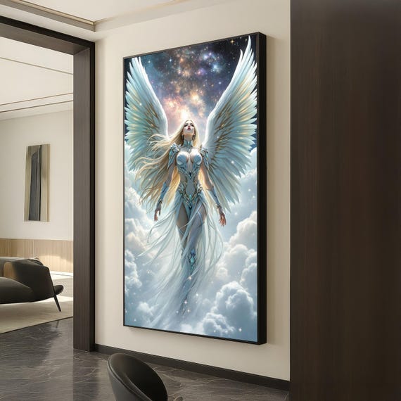 Celestial Angel Woman Canvas Fantasy Winged Figure Wall Art Ethereal Sky Scene Mystical Home Decor Ready To Hang Artwork
