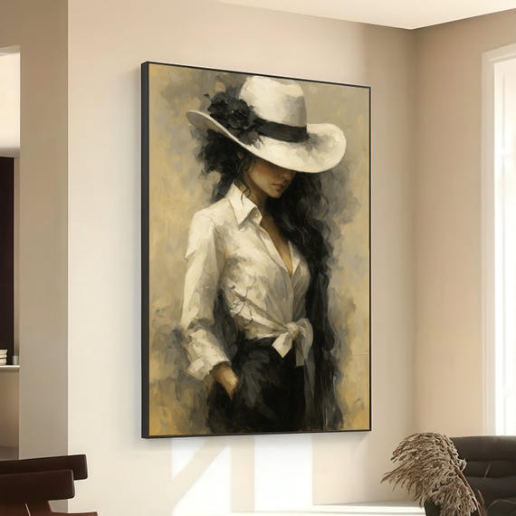 Elegant Woman In White Hat Canvas Fashion Portrait Wall Art Vintage Style Female Figure Modern Home Decor Painting
