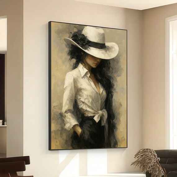 Woman in White Fedora Hat Knotted Shirt Elegant Fashion Portrait Style Poster