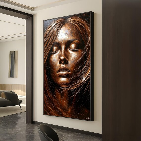 Bronze Female Face Closeup Portrait Eyes Closed Windblown Hair Art Print