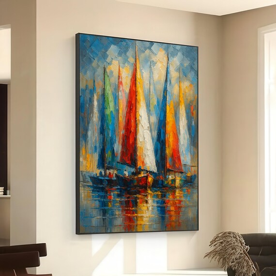 Colorful Sailboats In Harbor Abstract Nautical Ocean Scene Palette Knife Poster
