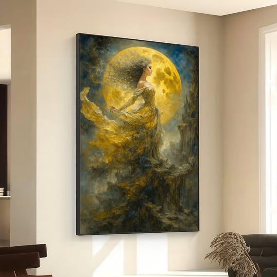Enchanting Moonlit Woman Canvas Fantasy Art Wall Decor Mystical Night Scene Surreal Moon Ethereal Female Portrait