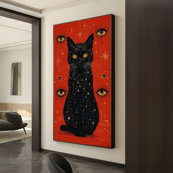 Mystical Black Cat Cosmic Stars Gold Eyes Red Background Wall Art