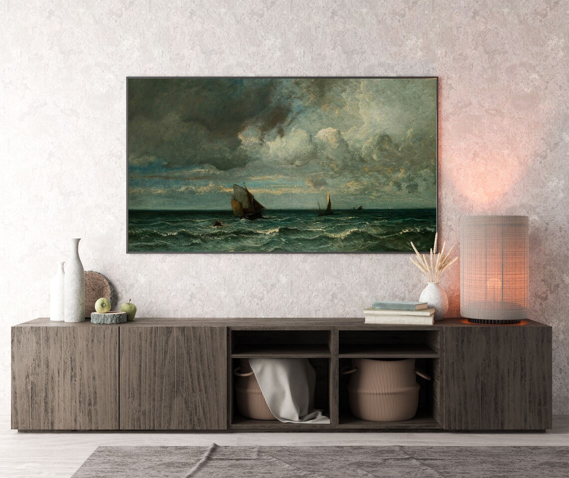 Stormy Sea Sailboats Dramatic Clouds Vintage Moody Seascape Painting Poster - Image 4