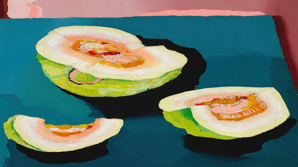 Modernist Still Life Painting of Cut Melon Halves on a Teal Background Poster - Image 2