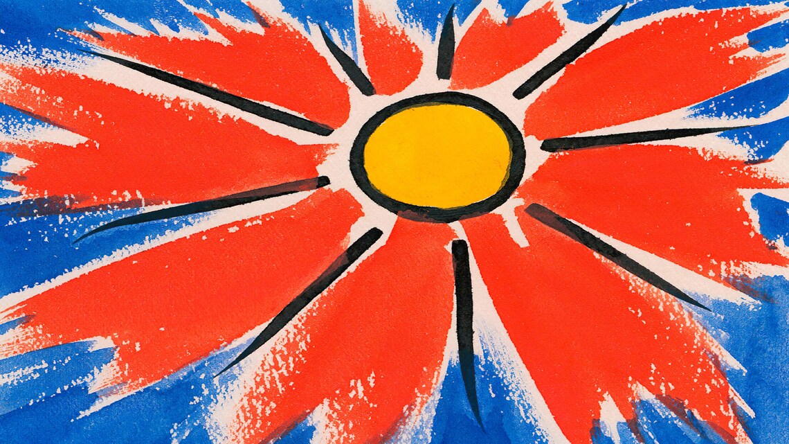 Bold Abstract Red Flower Sunburst Painting on Blue Fauvist Style Poster - Image 2