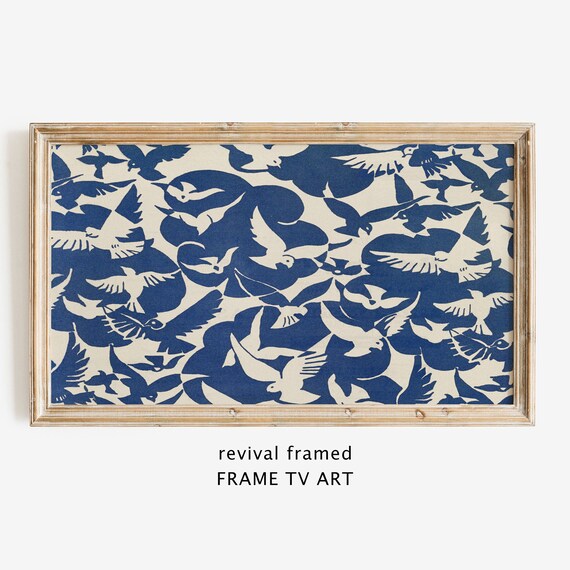 Abstract Birds Frame Tv Art Pigeons Vintage Pattern In Blue White Geometric Minimalist Home Decor Large Art