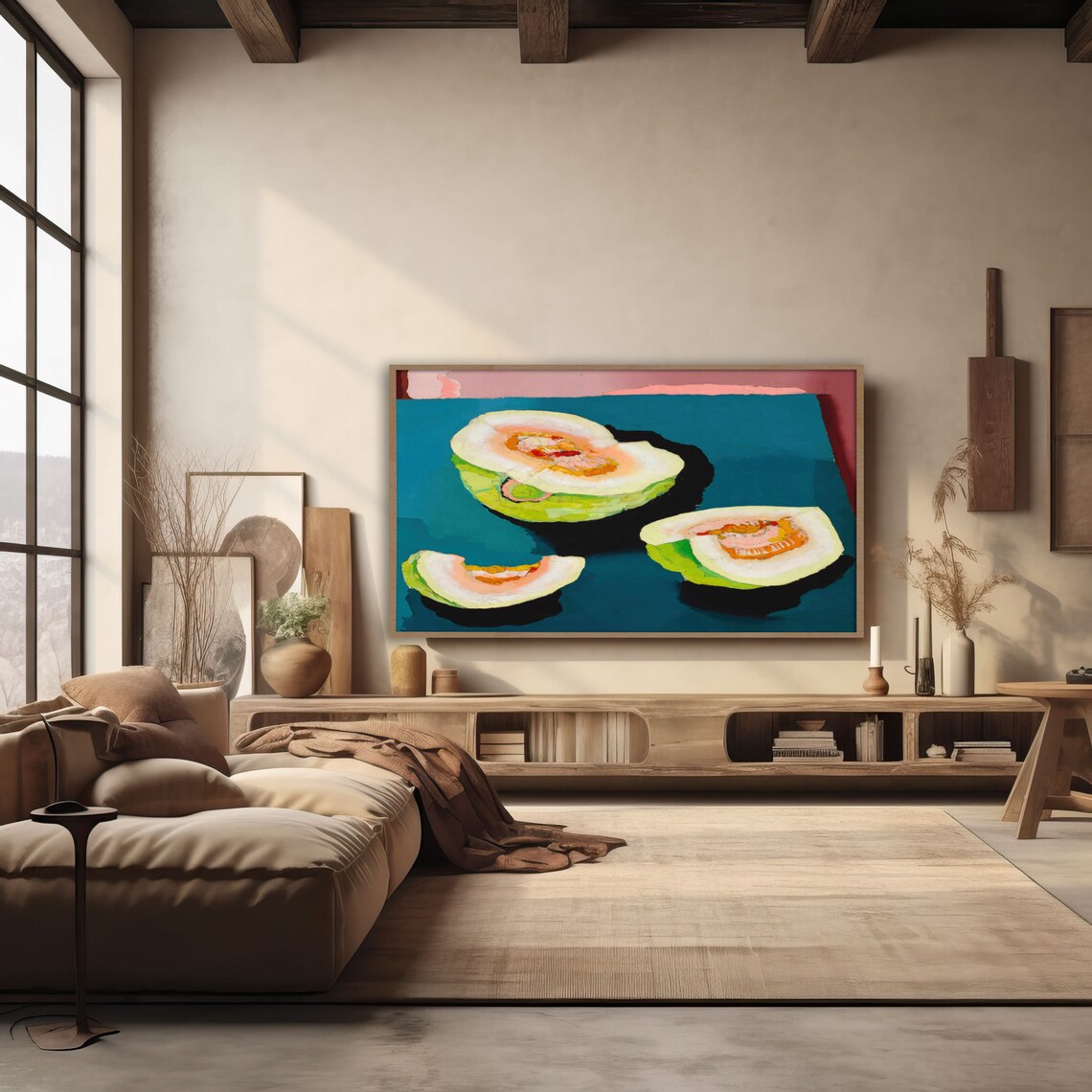 Modernist Still Life Painting of Cut Melon Halves on a Teal Background Poster - Image 3