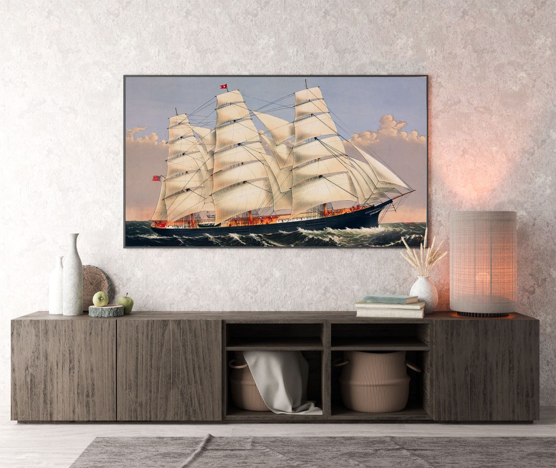 Tall Clipper Ship with Full White Sails on the Open Ocean Poster - Image 3