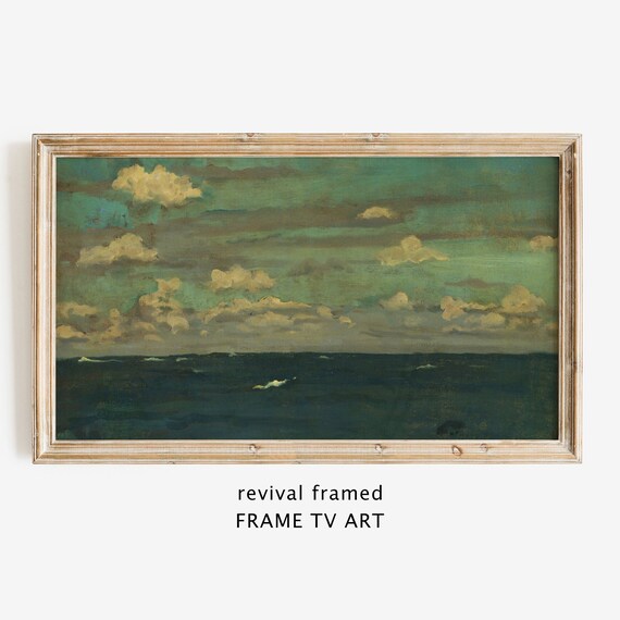 Dark Ocean Waves Dramatic Clouds Moody Teal Seascape Oil Painting Poster