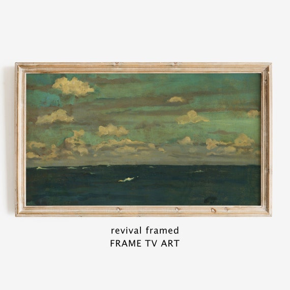 Moody Seascape Frame Tv Art Minimalist Nautical Vintage Oil Painting Instant Neutral Beach House Decor Large Art