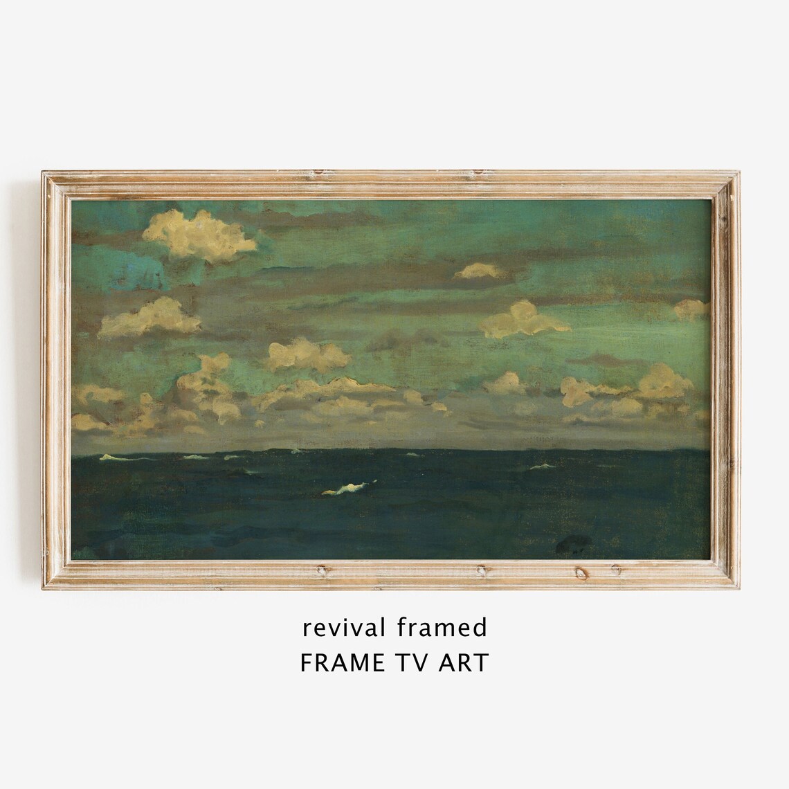 Dark Ocean Waves Dramatic Clouds Moody Teal Seascape Oil Painting Poster