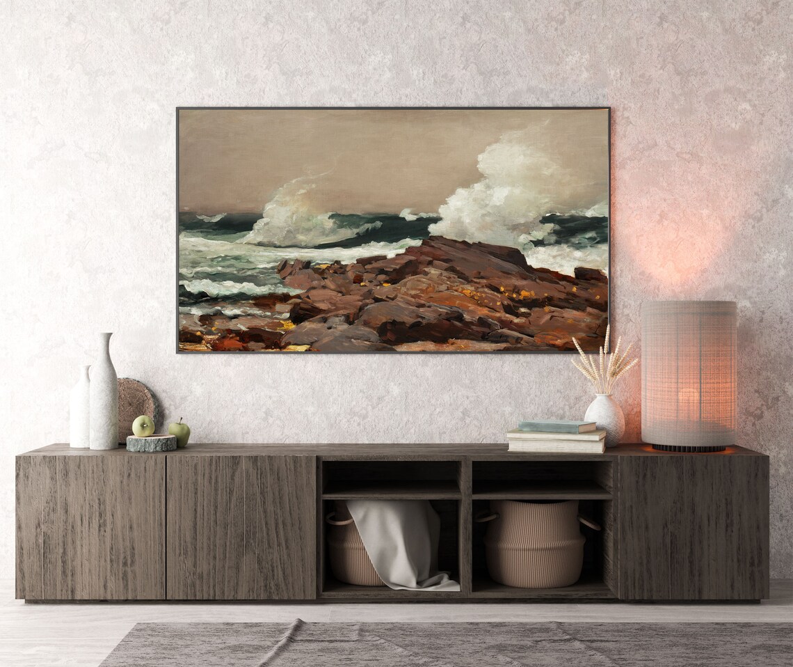Crashing Waves Rocky Shore Dramatic Ocean Spray Vintage Coastal Painting Poster - Image 4