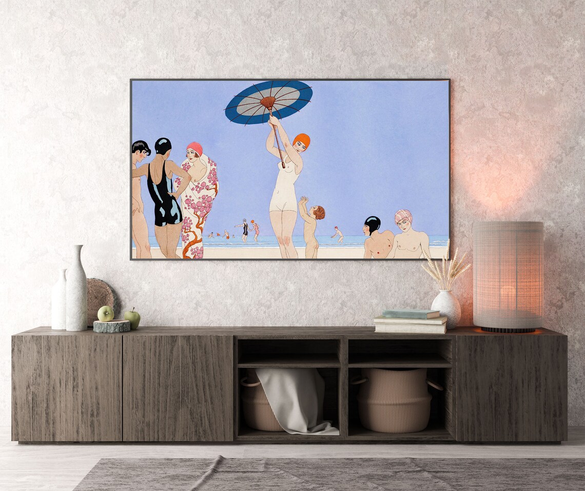 1920s Art Deco Beach Parasol Bathing Beauties Vintage Illustration Poster - Image 3