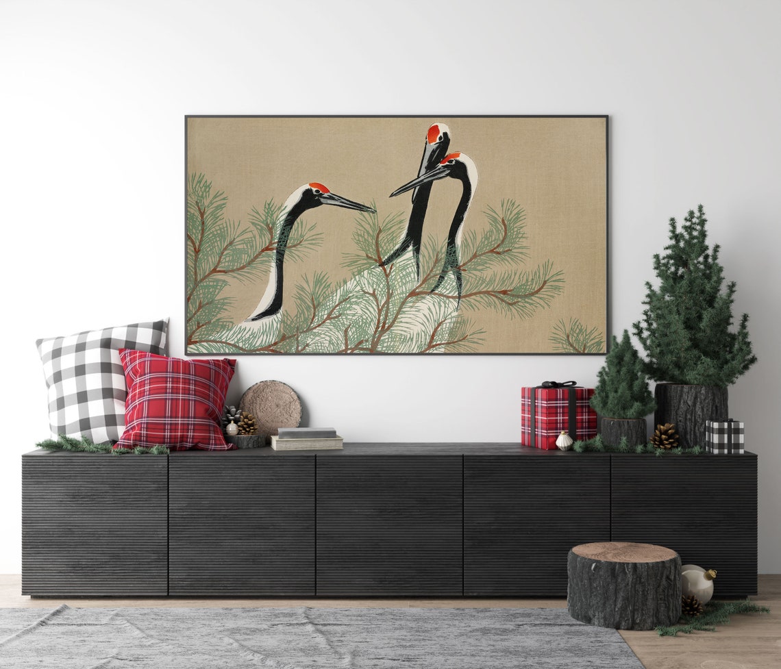 Japanese Red Crowned Cranes Among Pine Branches Woodblock Poster - Image 2
