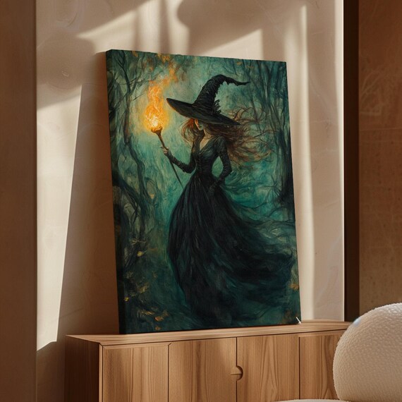 Mystical Witch Holding a Flaming Torch in a Dark Enchanted Forest Poster