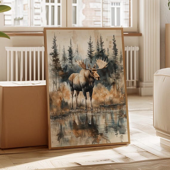 Majestic Moose Forest Canvas Rustic Wildlife Wall Art With Reflected And Watercolor Pine Trees For Lodge Or Cabin Decor