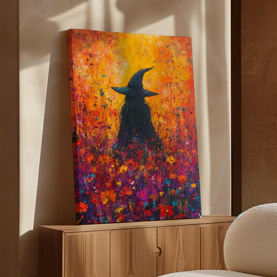 Witch Silhouette Vibrant Floral Field Abstract Halloween Art Poster