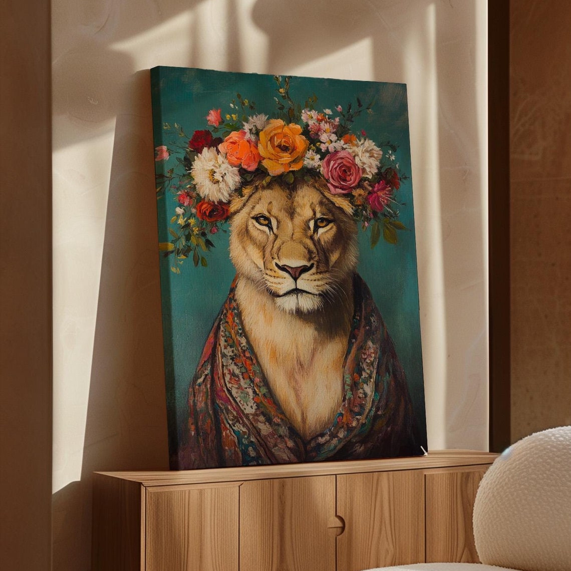 Lioness Flower Crown Orange Roses Patterned Shawl Regal Poster