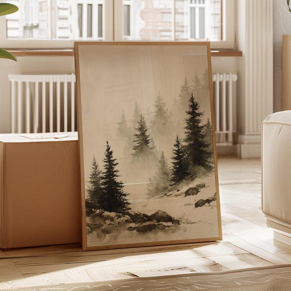 Moody Pine Forest Watercolor Print Monochrome Winter Landscape Wall Art Minimalist Nature Painting For Cabin Rustic Or Modern Decor