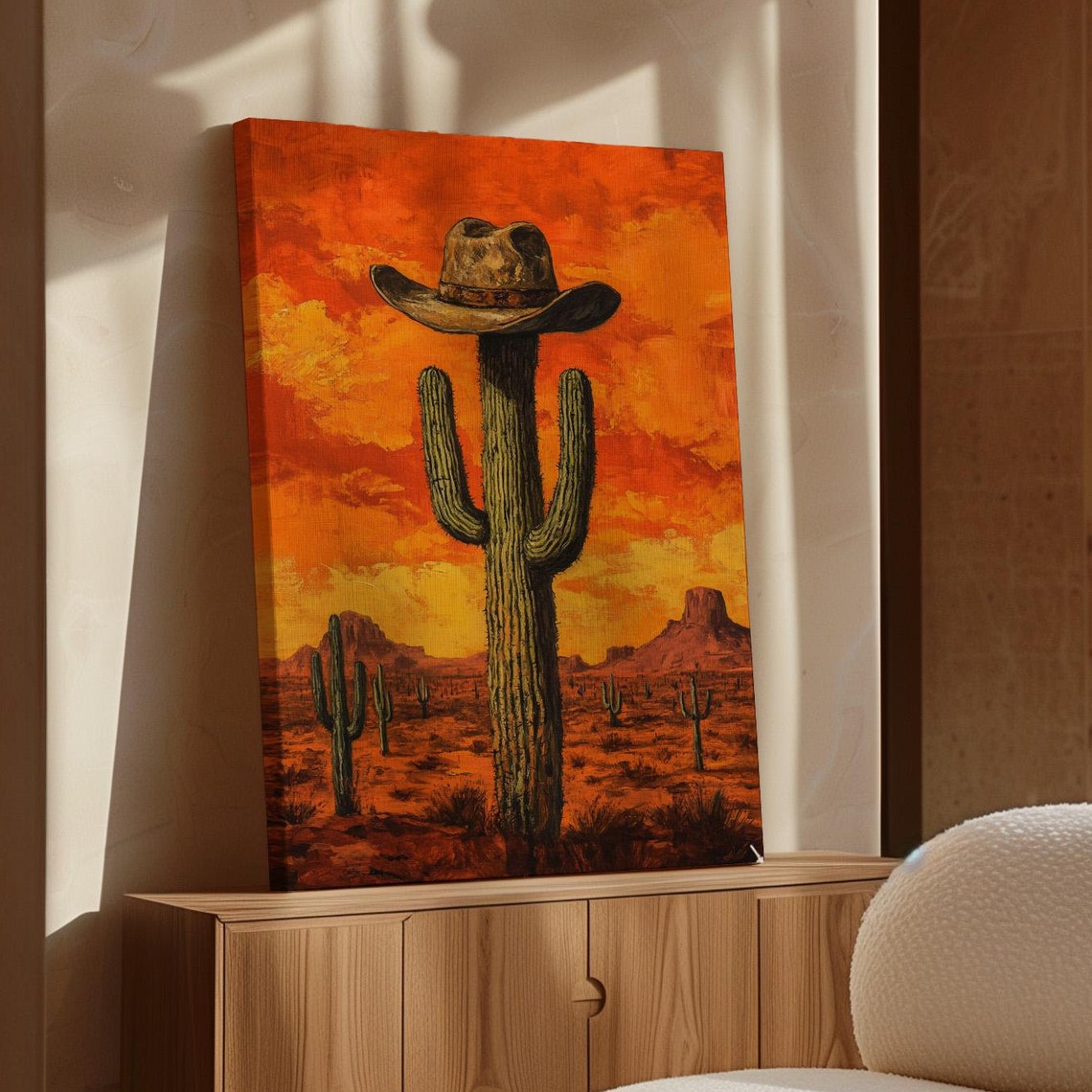 Saguaro Cactus Wearing Cowboy Hat Orange Desert Sunset Poster