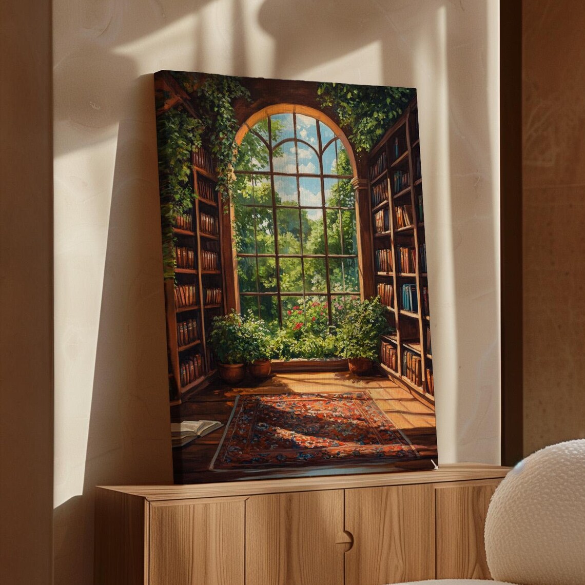 Cozy Library Art Print, Vintage Bookshelves Rustic Charm