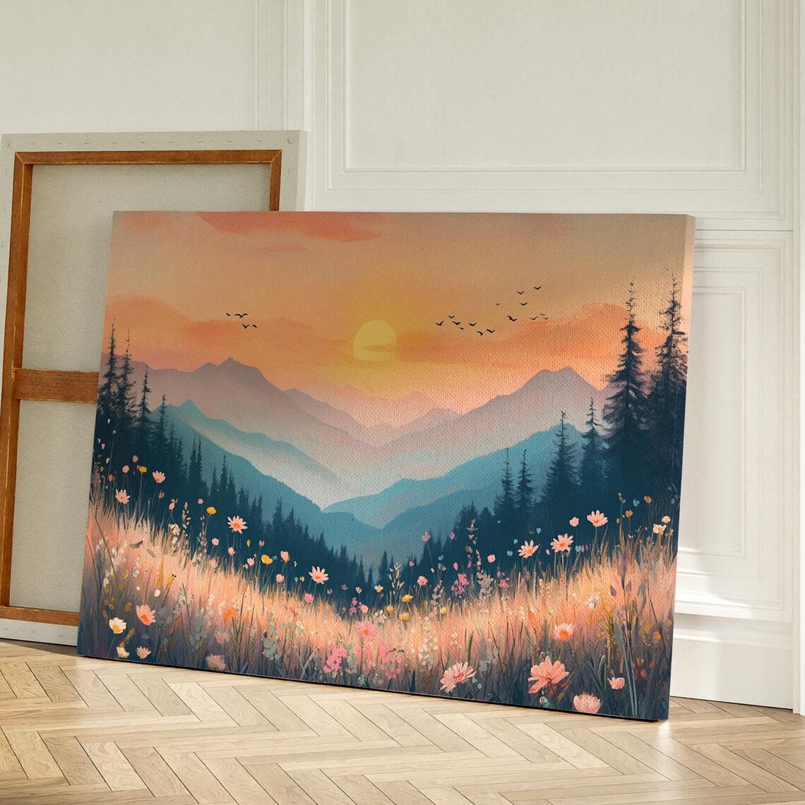 Golden Sunrise Over Serene Mountain Valley, Landscape Art Print