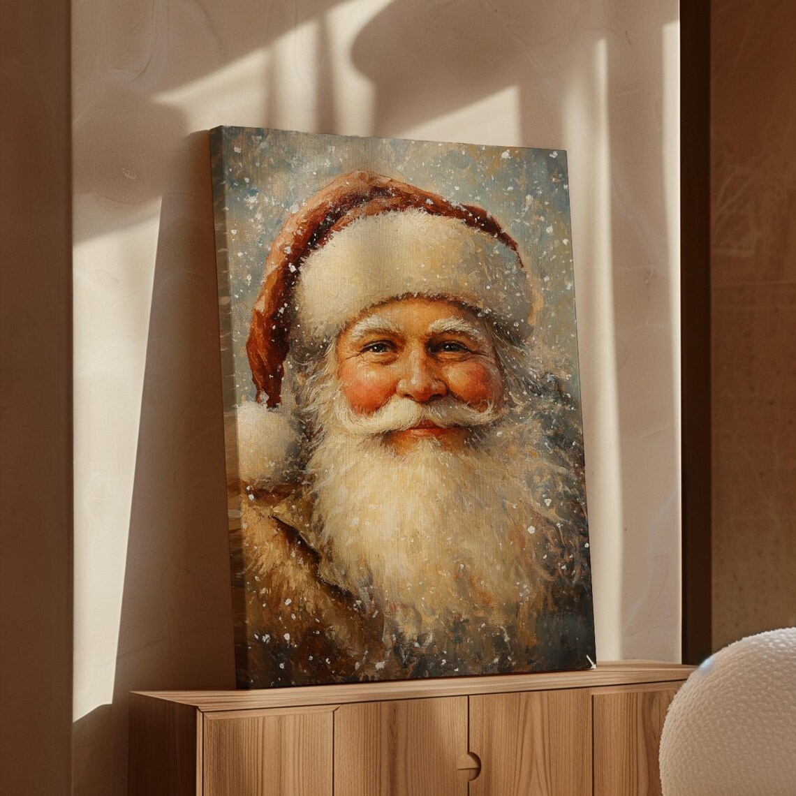 Jolly Santa Claus Portrait Snow Red Hat Vintage Holiday Poster