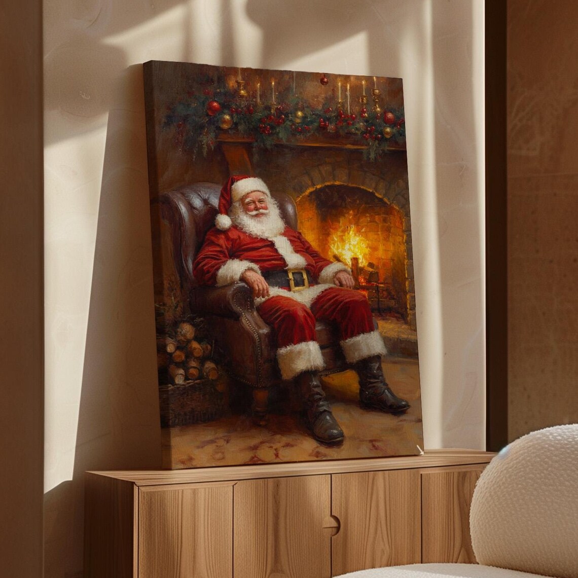 Santa By The Fireplace, Cozy Christmas Scene