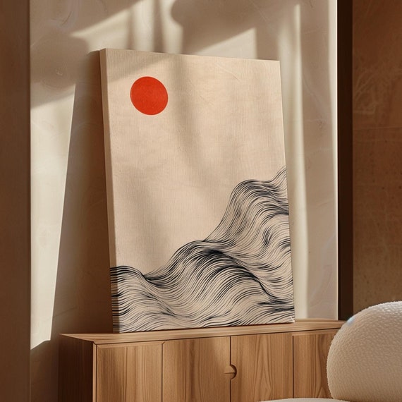 Minimalist Red Sun And Abstract Waves Art Modern Japanese Inspired Black Ink Linework Zen Wall Decor For Home Or Office