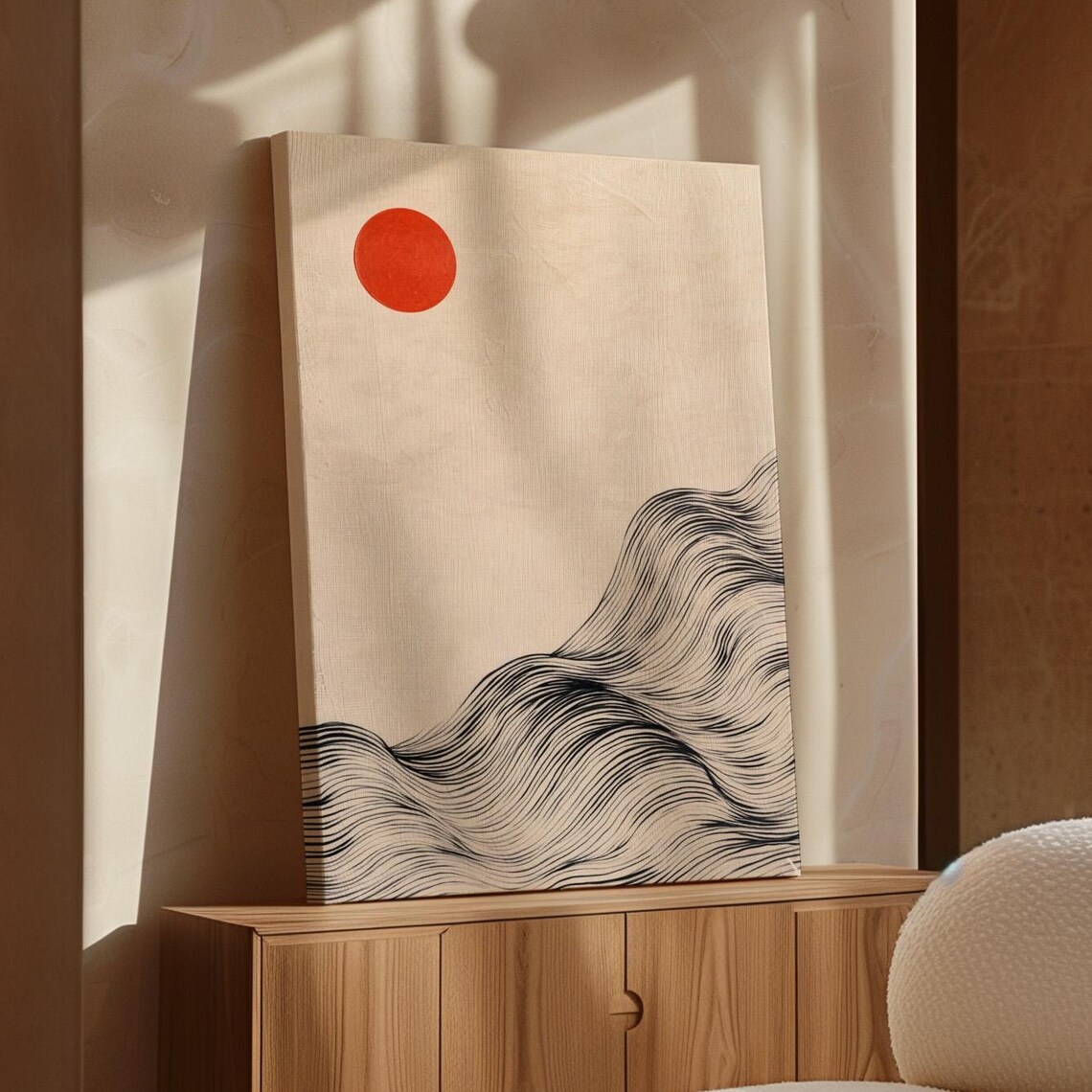 Minimalist Red Sun And Ink Waves Japanese Zen Abstract Poster