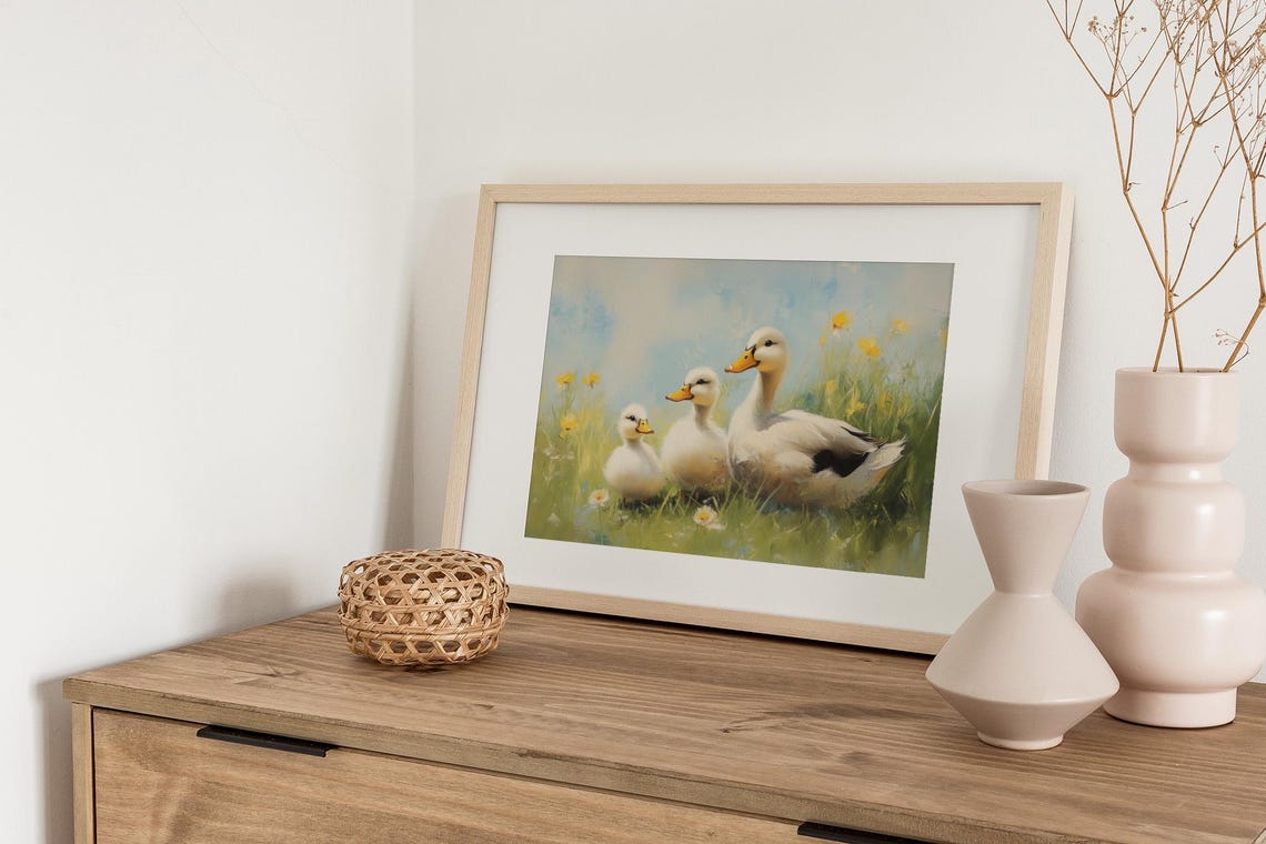 White Duck Family Sunny Spring Meadow Wildflowers Farm Poster - Image 3