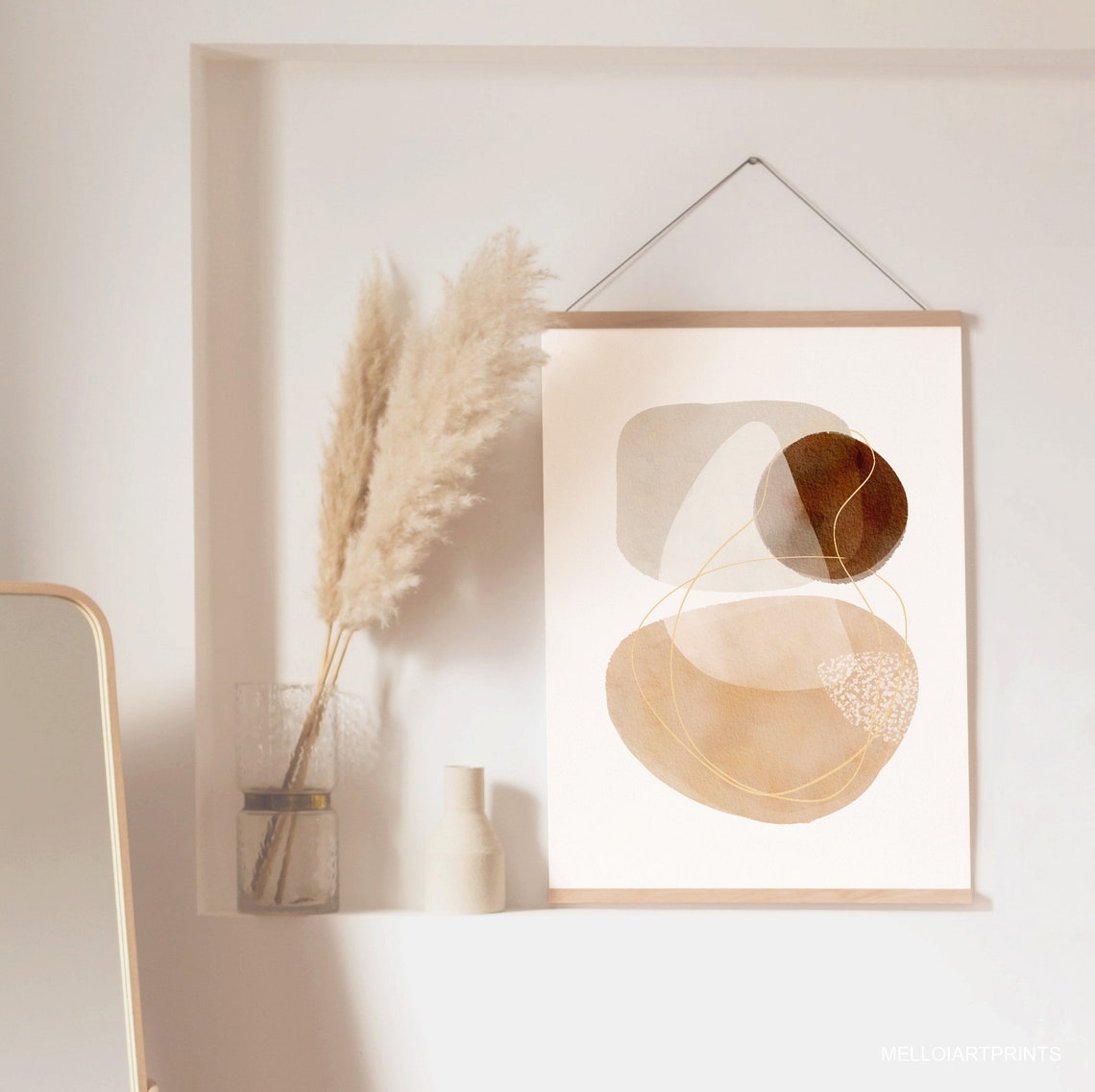 Brown Beige Watercolor Organic Shapes Gold Line Abstract Poster - Image 2