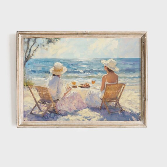 Coastal Two Women Sunhats Beach Chairs Ocean Picnic Painting Poster
