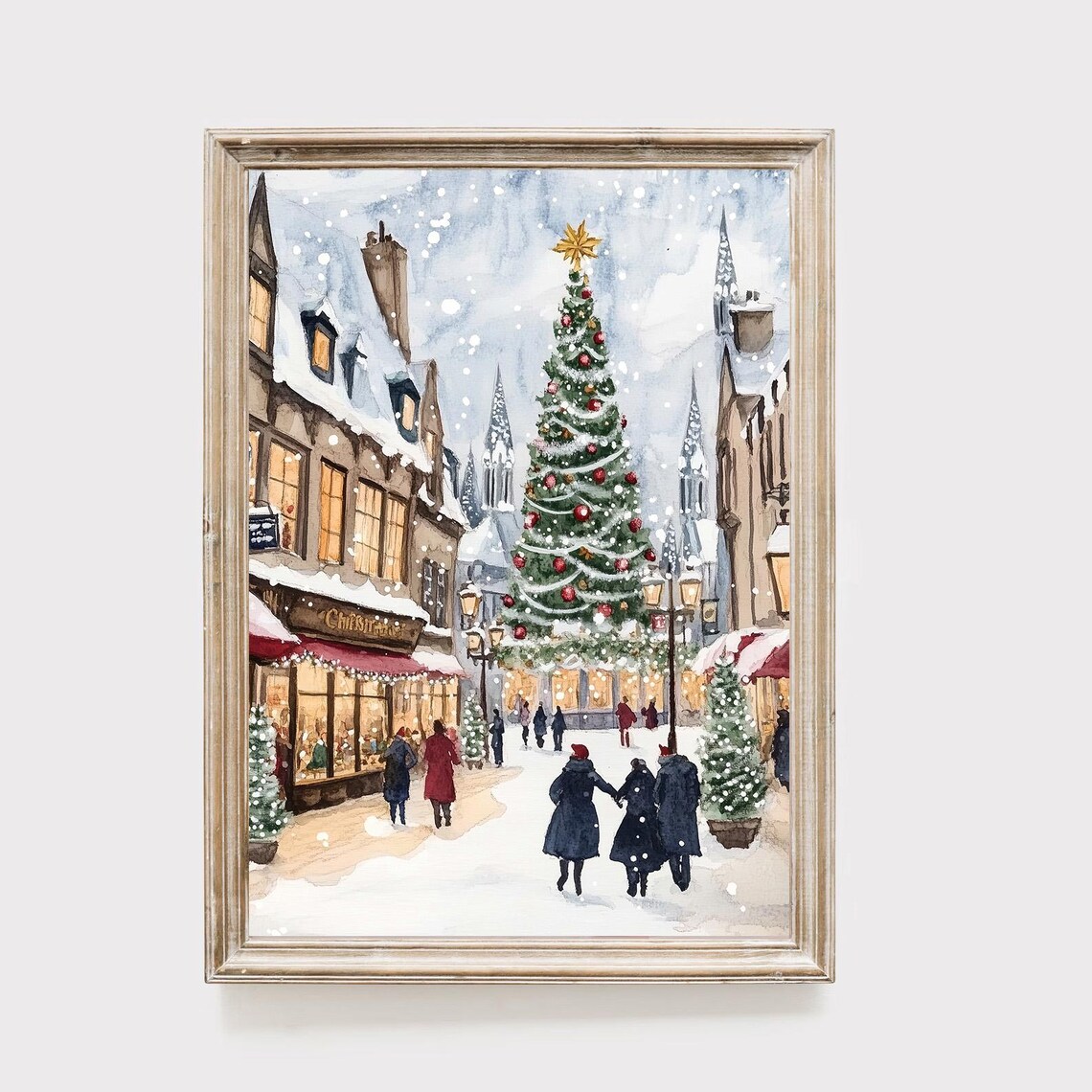 Snowy Christmas Village Street Watercolor Tree Market Poster
