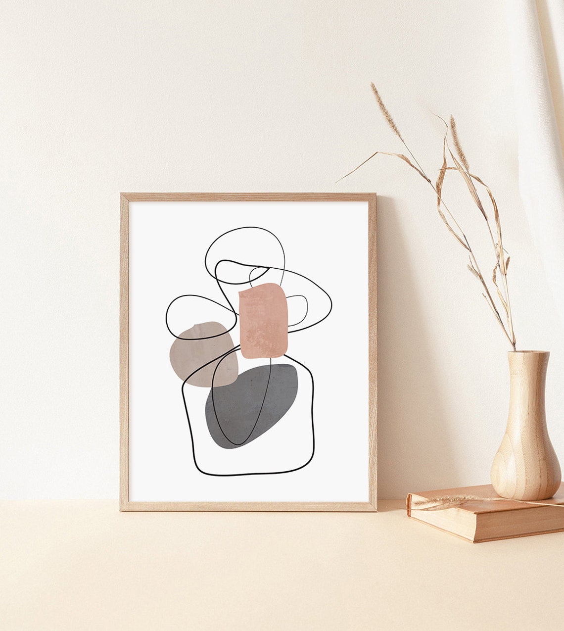 Continuous Black Line Abstract with Blush Shapes Modern Minimal Poster