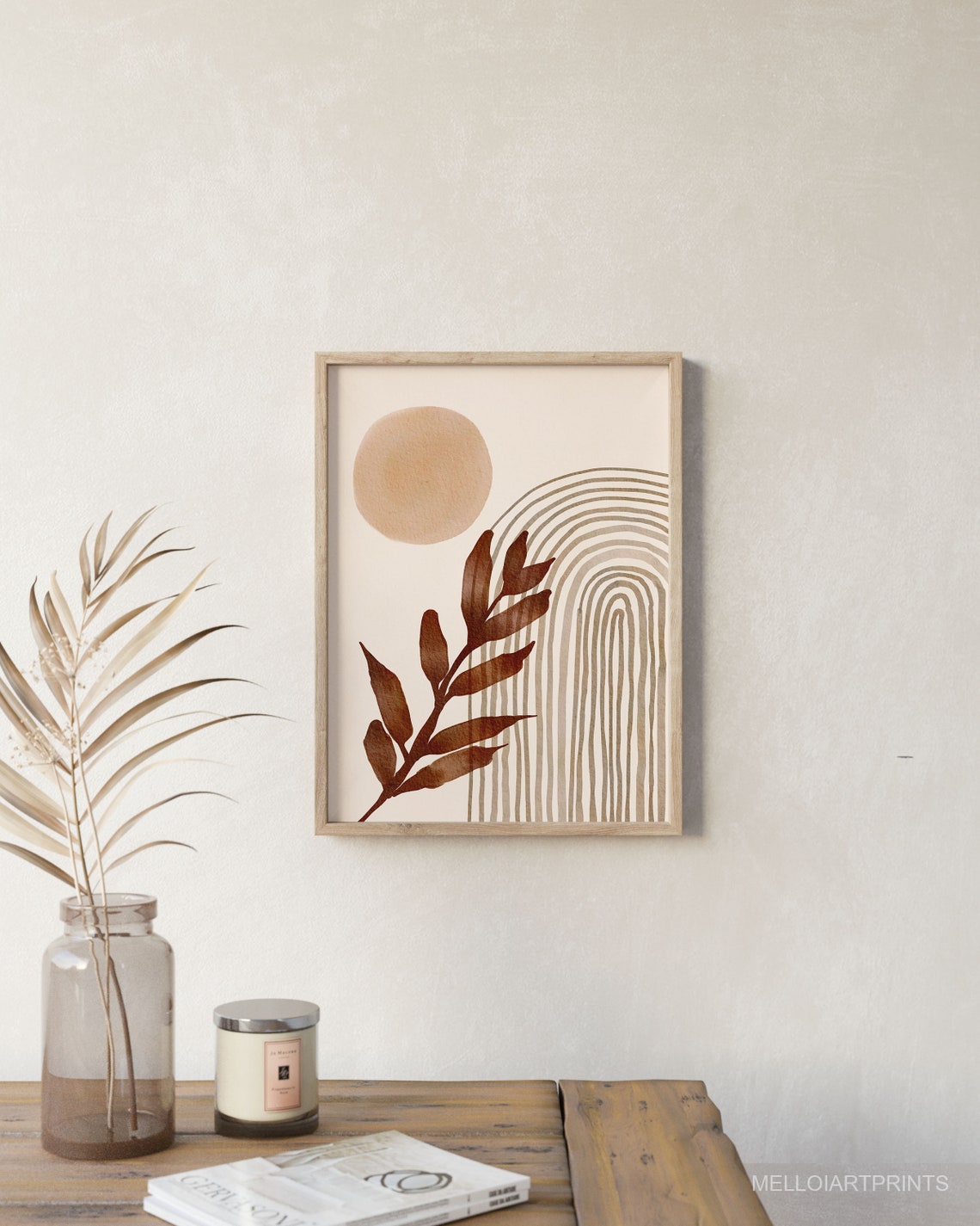 Boho Botanical Leaf Sun Striped Arch Neutral Watercolor Wall Art - Image 2