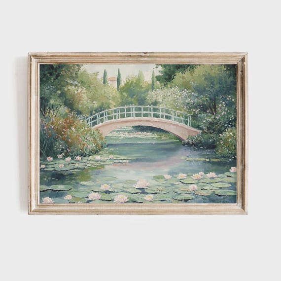 Garden Bridge Art Print Water Lily Pond Painting Impressionist Floral Art Tranquil Nature Print