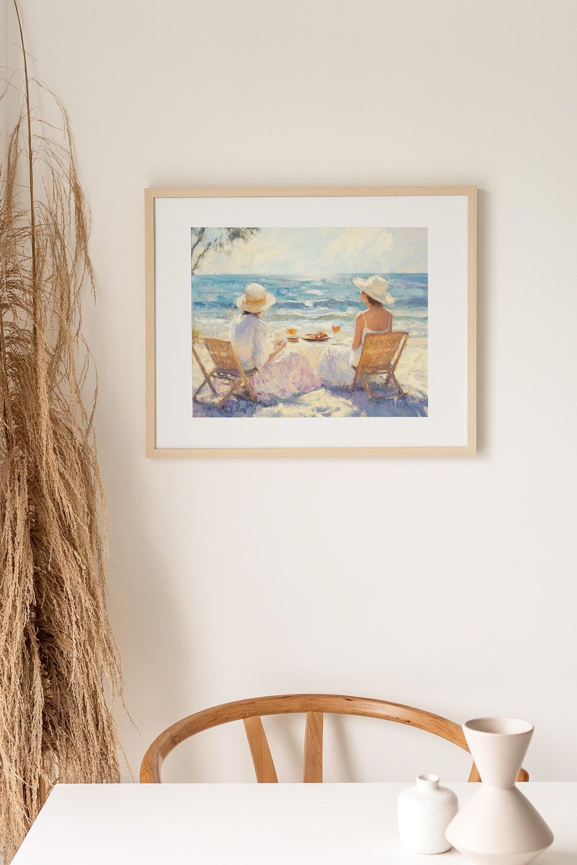 Coastal Two Women Sunhats Beach Chairs Ocean Picnic Painting Poster - Image 2