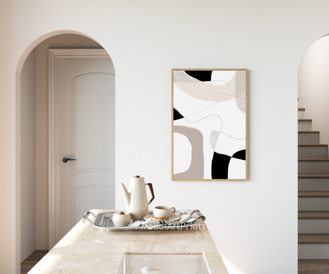 Boho Black Beige Abstract Line Art Modern Curved Shapes Wall Print - Image 3