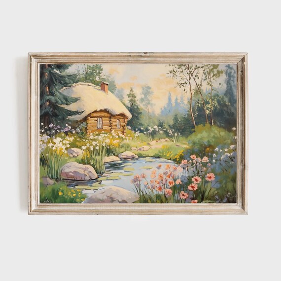 Log Cabin by Wildflower Pond Cozy Cottage Storybook Oil Painting Poster