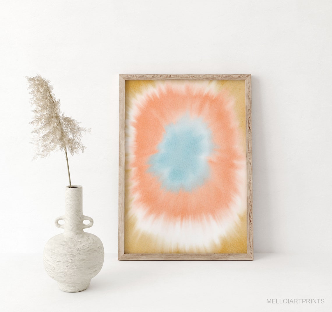 Coral Turquoise Tie Dye Watercolor Abstract Boho Circle Wall Art