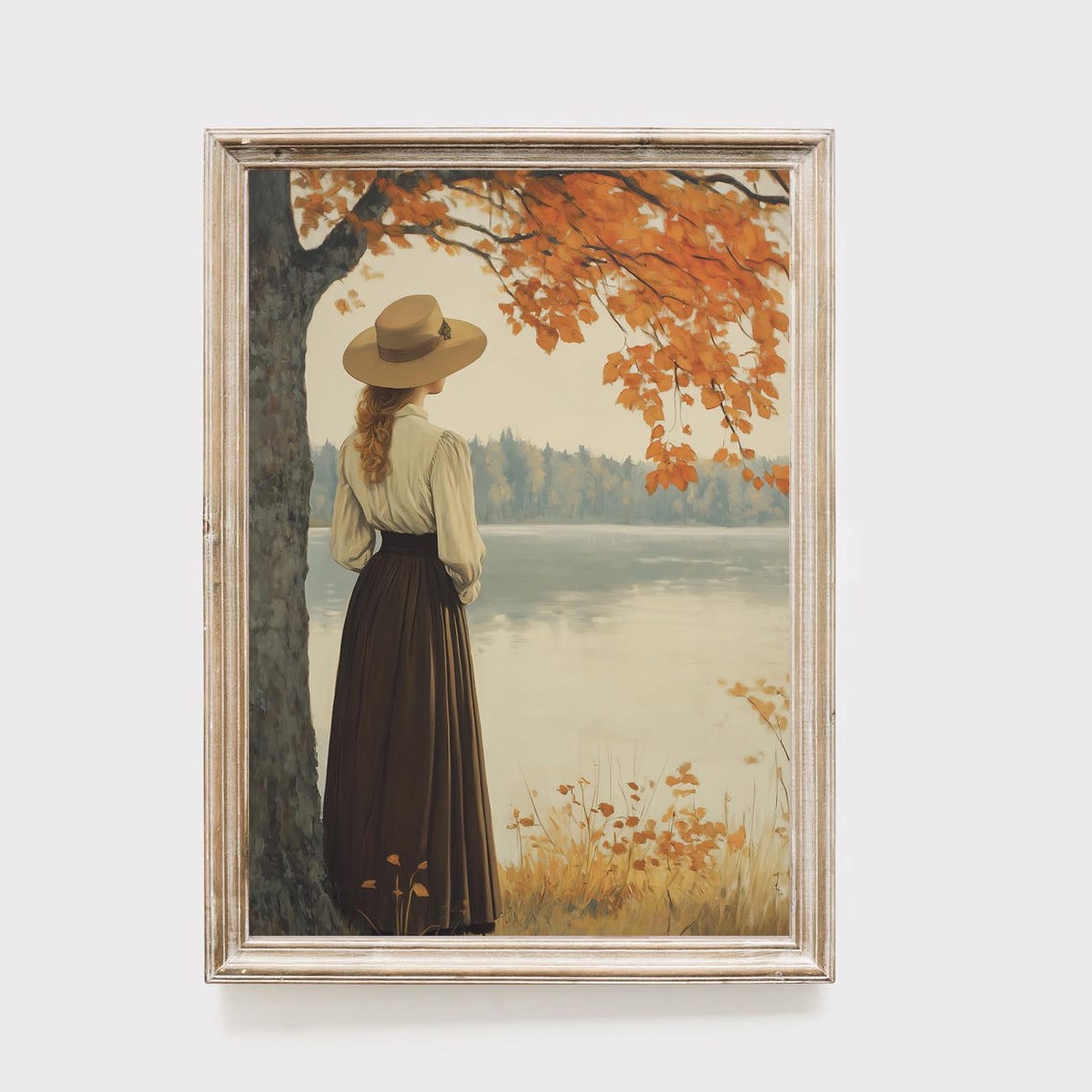 Romantic Victorian Woman By Autumn Lake Fall Vintage Style Poster