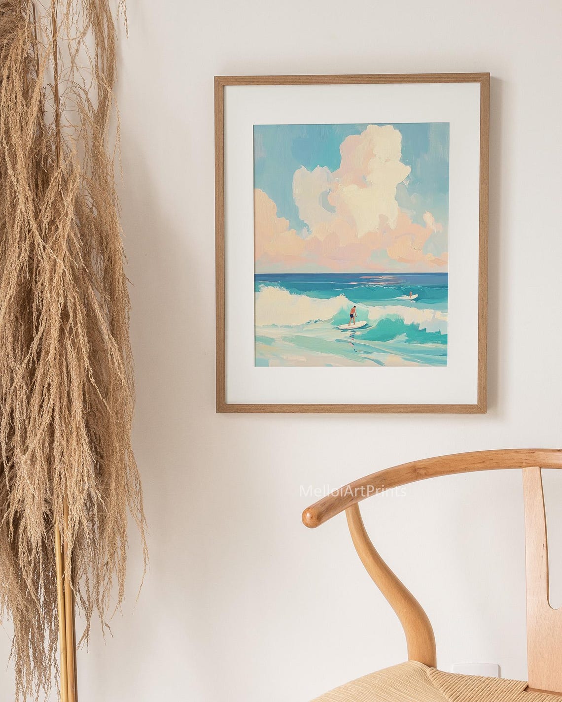 Surf Painting Surfers Turquoise Waves Pastel Clouds Wall Art - Image 3