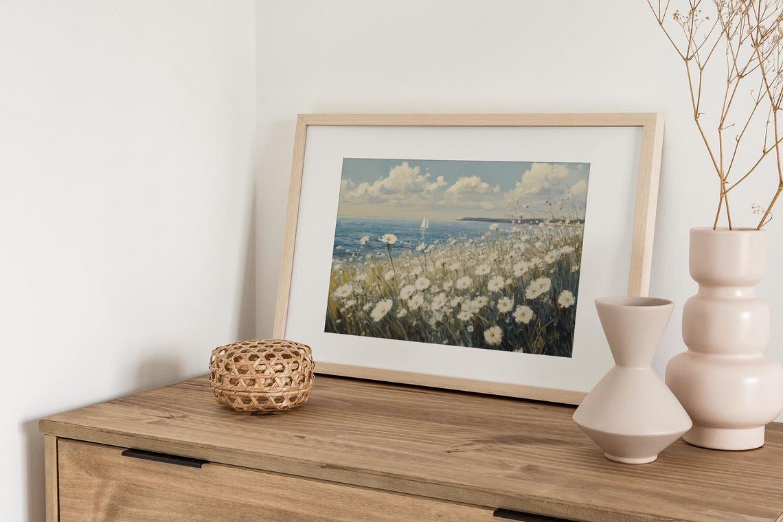 Sunny Coastal Wildflower Meadow Daisies Sailboat Seascape Poster - Image 2