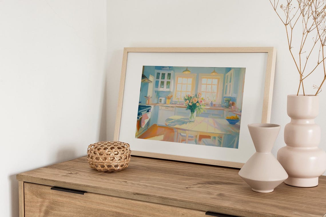 Sunny Blue Kitchen Floral Bouquet Cozy Interior Oil Art Poster - Image 3